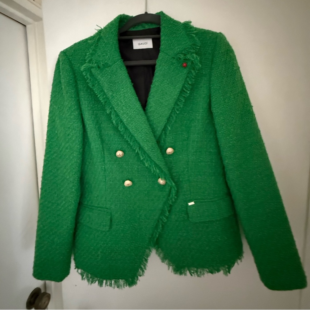 Gaudi' Emerald Green Double-Breasted Bouclé Blazer with Gold Buttons